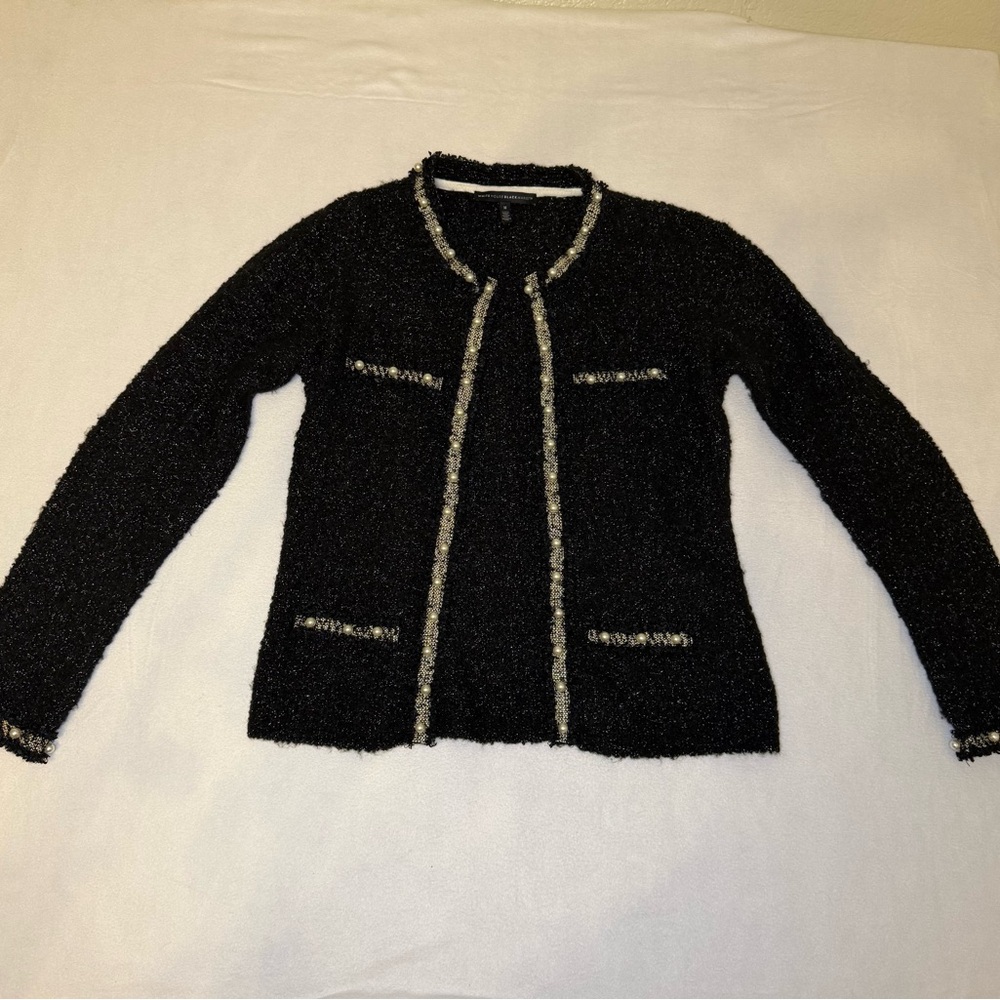 White House Black Market Black Tweed Pearl-Trim Cardigan Jacket‎ Blazer Size M